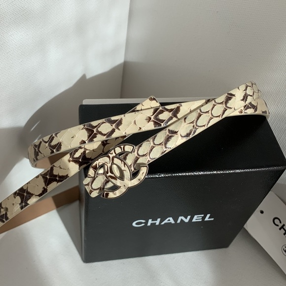 CHANEL Python Cream Brown Snake & Leather Skinny Belt CC Logo w/ Matte Silver HW - Picture 15 of 16